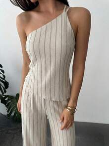 Firerie Nuevo conjunto elegante de vacaciones de primavera/verano de top de lino beige con un hombro, espalda descubierta, cintura fruncida y bajo asimétrico, y pantalones largos de cintura alta de lino. Conjunto de 2 piezas - Albaricoque - Ver 8