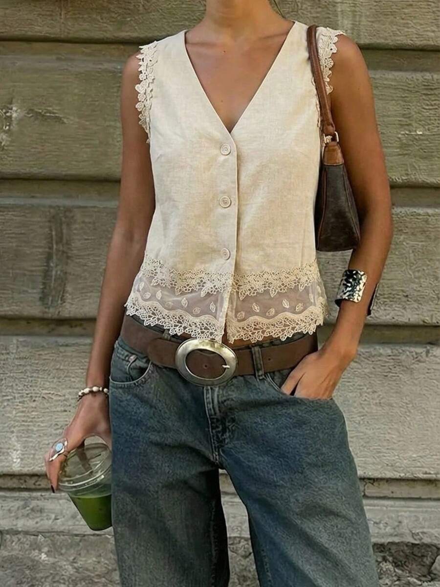 Serisse Áo vest nữ 100% cotton màu trơn phối ren, kiểu dáng Pháp mùa hè, cổ chữ V, chất liệu 100% cotton, viền ren, chất liệu lưới rỗng, thoáng mát và ngọt ngào, thích hợp cho đi làm và mặc thường ngày, tối giản, đa năng cho công sở hoặc dự tiệc, áo ren, mùa hè, áo mùa hè, ngày Valentine, trang phục lễ hội cho nữ, đi biển, áo đi chơi, áo kiểu nữ thanh lịch, áo kiểu thường ngày cho nữ - Màu be - Xem 1