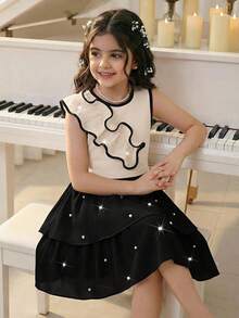 Conjunto de dos piezas informal para fiesta con chaleco asimétrico sin mangas con volantes y perlas y falda de pastel de doble capa con perlas para niñas - Negro - Ver 3