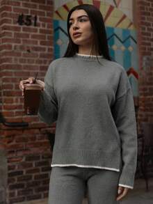 Andrea Bello 女士休闲日常通勤撞色落肩宽松针织毛衣和针织裤两件套，秋冬 - 深灰色 - 查看 6