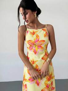 Firerie 女士纯色休闲吊带露背印花宽松夏威夷度假连衣裙，奶油黄 - 彩色 - 查看 7