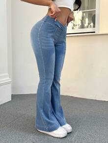 SHEIN PETITE 女士不对称腰线休闲百搭喇叭裤 - 藍色 - 查看 3
