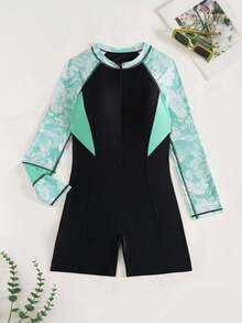Swim SPRTY Women's Color Block Stand Collar Fitted Swimsuit, Suitable For Vacation And Daily Sun Protection - Green - View 4
