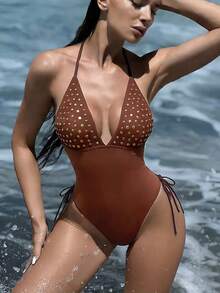 Swim SXY 新款女士挂脖式连体泳衣，金色箔印比基尼，带抽绳 - 棕色 - 查看 1