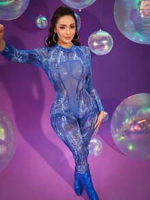 Fantasy Costume 蓝色外星人角色扮演网状拼接派对俱乐部表演服装（女款） - 薄荷藍 - 查看 4