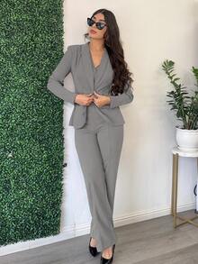 Andrea Bello 三件套：灰色长袖西装外套、马甲和长裤，通勤和约会的性感套装，秋冬季女士灰色两件套，优雅裤装套装，舒适的秋冬季女装，商务休闲装。 - 灰色 - 查看 3