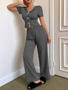 SHEIN Napfluff Women Casual Striped Collar Fitted Loungewear Set - Multicolor - View 7