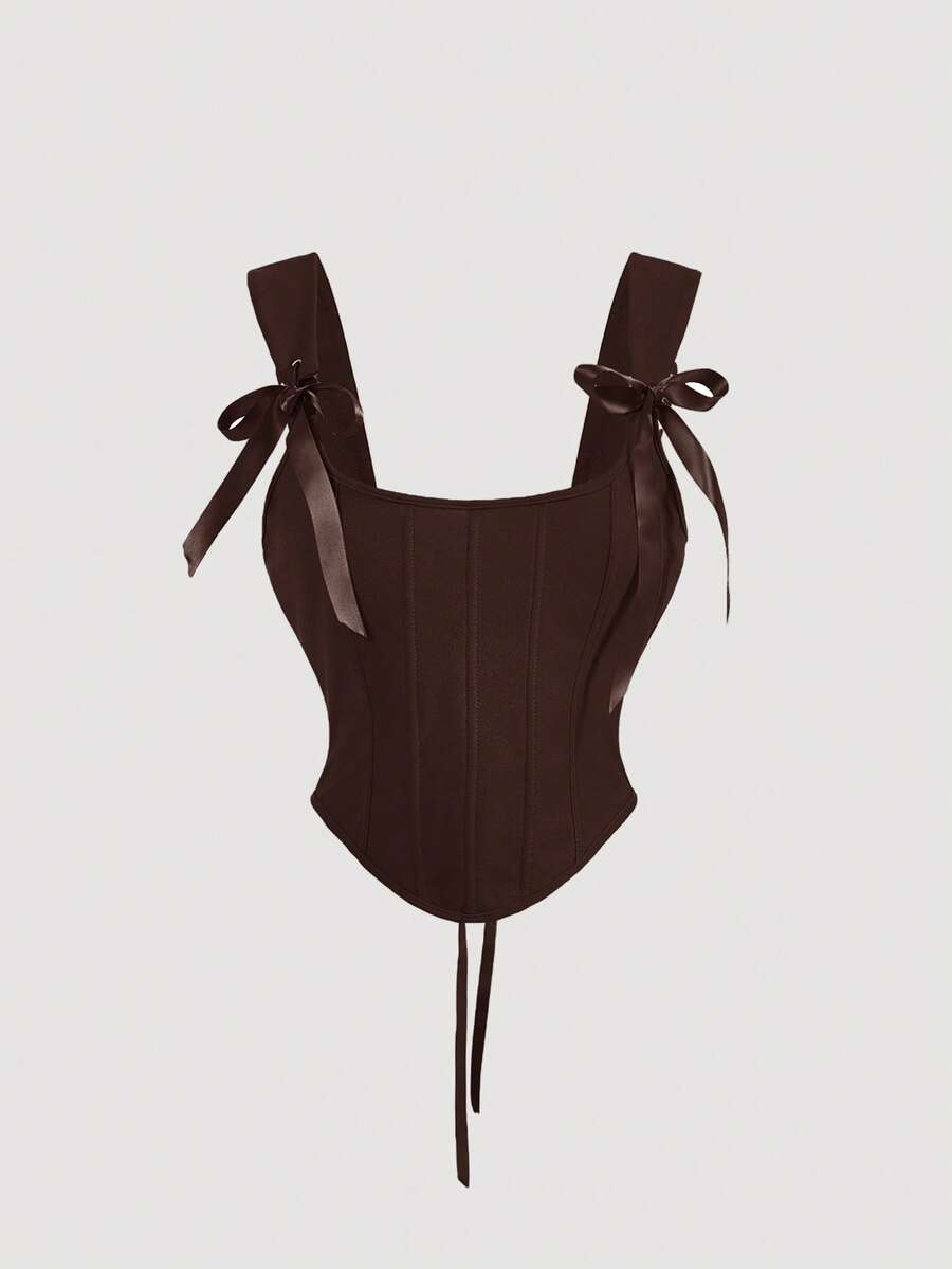 SHEIN MOD Áo tank top corset đỏ thắt nơ phía trước, thích hợp cho các dịp lễ, đêm giao thừa, đi chơi, Lễ Tạ ơn. - Cà phê nâu - Xem 1