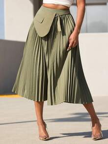 Vixey High Waist Wrap Around Panel Pleated Midi Office Skirt - Army Green - View 2