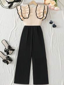 Summer New Fashion Elegant Slim Fit Sleeveless Top With Ruffle Hem Decor, Stylish Ruffle Hem Decor Black & Apricot Color Matching Jumpsuit For Women - Multicolor - View 4