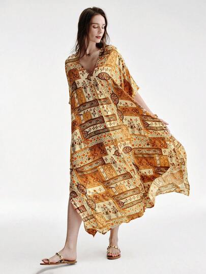 Aveloria Modichic New Bohemian Style Vintage Exotic Print Loose Batwing Sleeve V-Neck Dress, Vacation Vibe