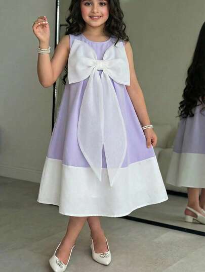 SHEIN Tween Girl Woven Solid Color Contrast Mesh Ruffle Hem Sleeveless Dress