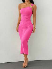 SHEIN PETITE Rose Red Brooch Decor Asymmetric Neck Ruched Fishtail Skirt - Hot Pink - View 4