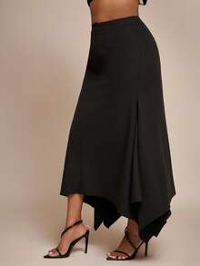 Vixey Slight Stretch High Waist Asymmetrical Hem Office Skirt - Black - View 4