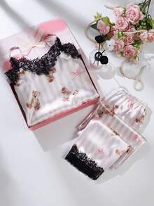 女童睡衣套装，优雅蕾丝拼接条纹印花吊带背心搭配系带长裤，舒适家居服，适合夏季穿着 - 彩色 - 查看 8