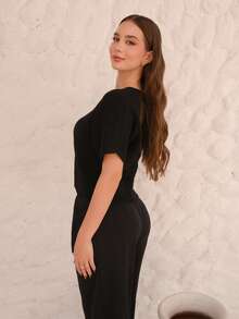 Duda Rubert 新款简约时尚通勤深V领短袖修身双扣开衫，休闲百搭 - 黑色 - 查看 6