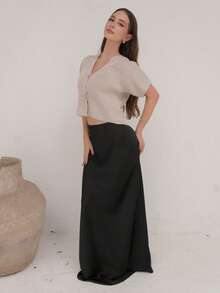 Duda Rubert New Minimalist Fashionable Office Commute Deep V-Neck Short Sleeve Slim Fit Buttoned Cardigan, Versatile Casual,Knitted Sweater In Fall/Winter - Khaki - View 6