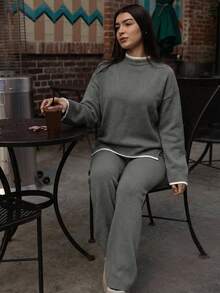 Andrea Bello 女士休闲日常通勤撞色落肩宽松针织毛衣和针织裤两件套，秋冬 - 深灰色 - 查看 4