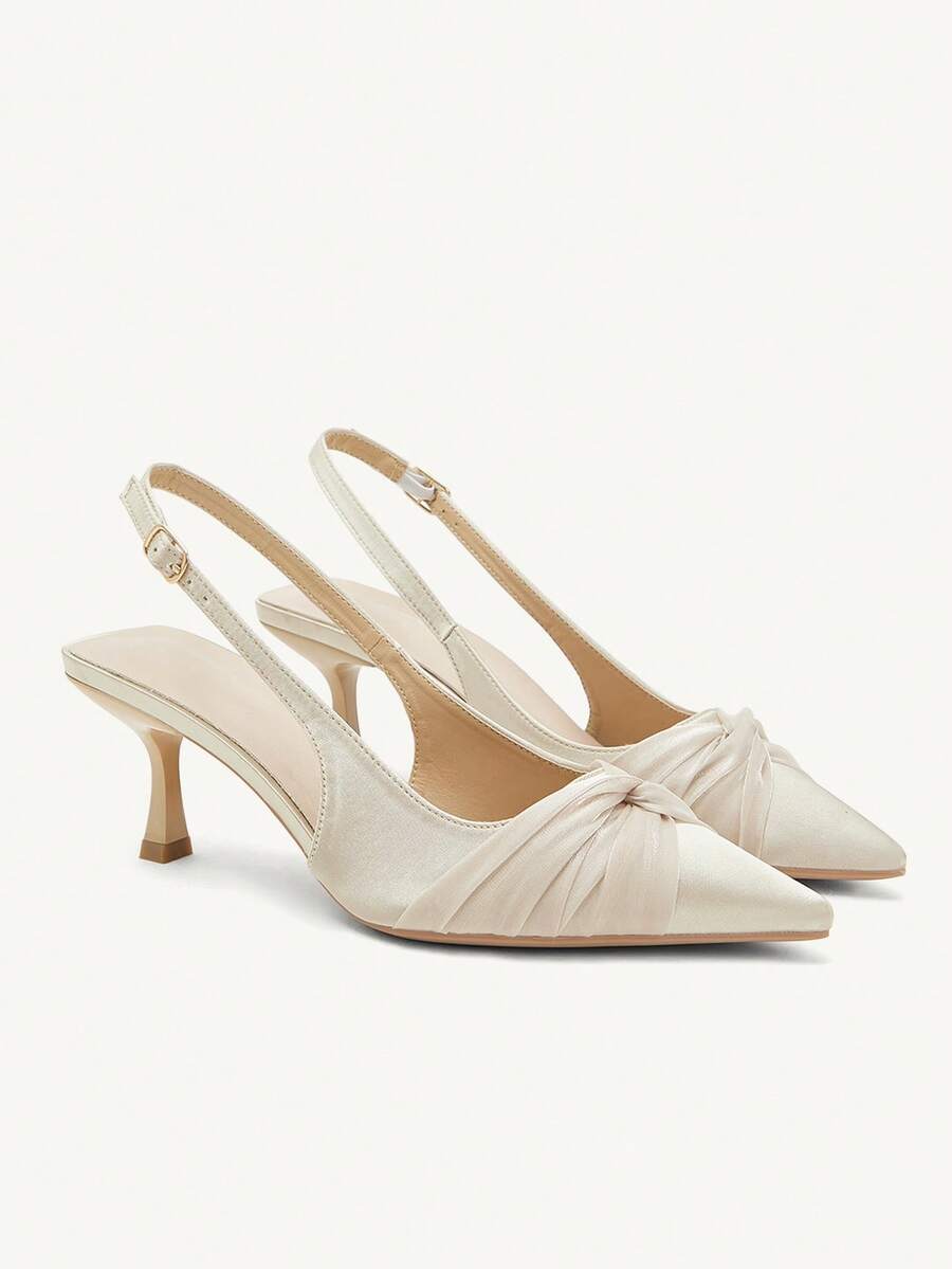 CUCCOO CHICEST Giày cao gót mũi nhọn, thanh lịch, thời trang, đa năng, đính đá lấp lánh, thiết kế nơ, sang trọng, kiểu dáng cổ tích, quai hậu bằng satin, màu mơ, giày cưới, giày mùa xuân, giày cô dâu. - Màu be - Xem 1