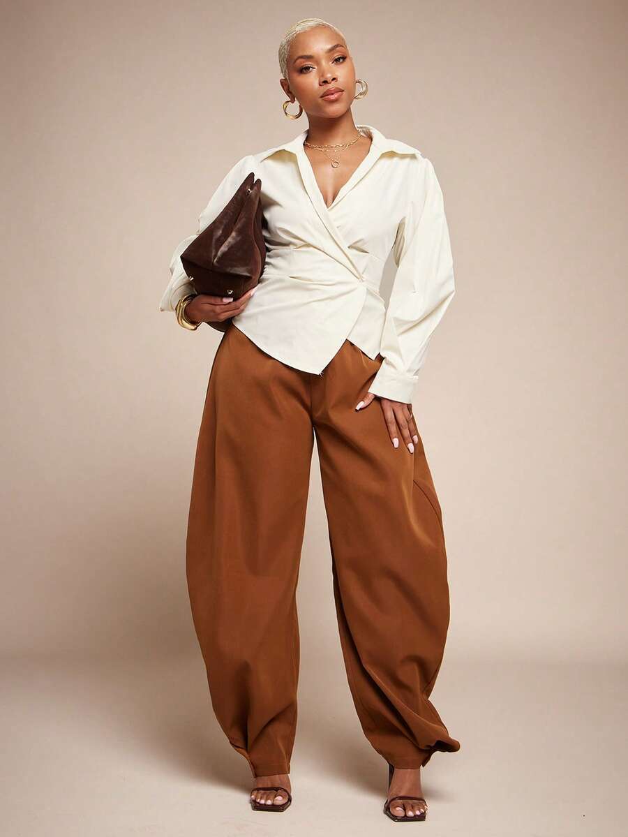 Vixey Pointed Collar V Neck Wrap Around Asymmetrical Hem Pleated Long Sleeve Office Shirt - Beige - View 1