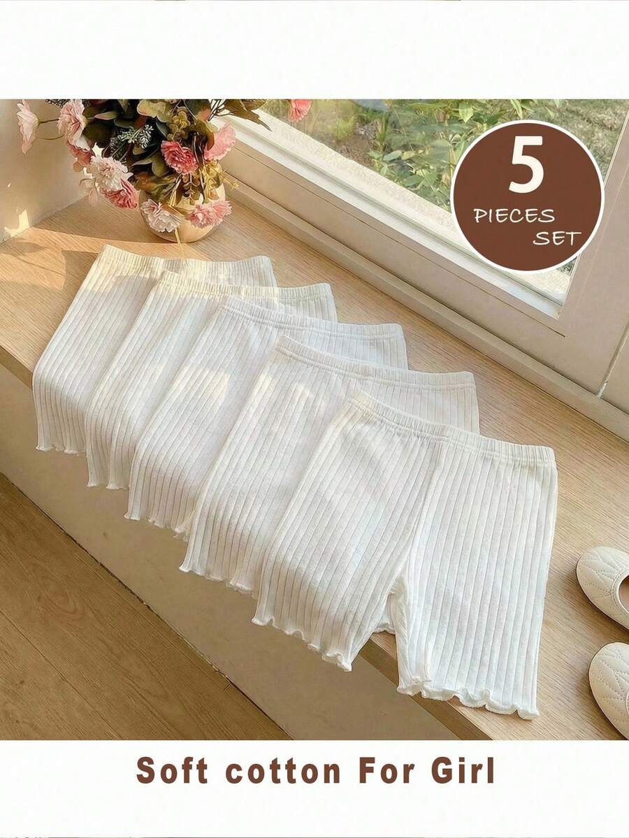 SHEIN LMoss Kids 5件套女童纯色修身休闲打底裤,5件套女童纯色修身休闲打底裤,女童短裤,纯色骑行短裤,适合休闲穿着,女童短裤,女童长裤,女童长裤,纯色针织柔软舒适打底裤,适合学校、校园、大学穿着 - 白色 - 查看 1
