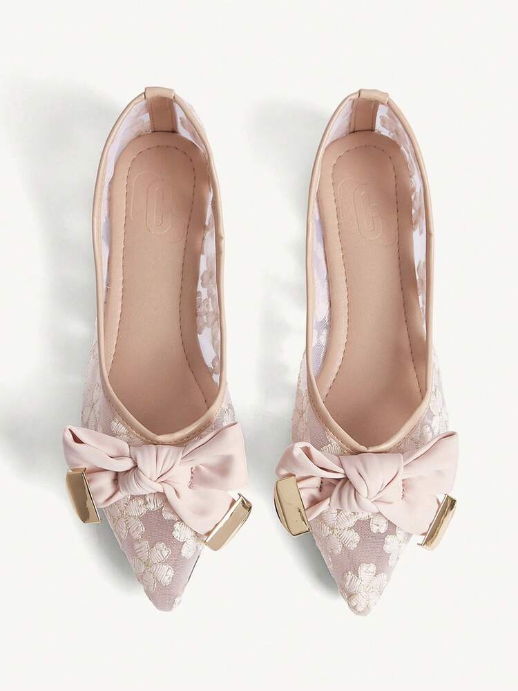 CUCCOO CHICEST Pointed Toe Mesh Breathable Bow Lace Ballet Shoes, Elegant Lady Versatile Commuting Flat Shoes, Pink Elegant Shoes Wedding Shoes