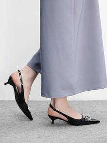 CUCCOO BIZCHIC 女士尖头黑色漆皮新款金属扣踝带露跟时尚通勤日常休闲约会高跟鞋 - 黑色 - 查看 7