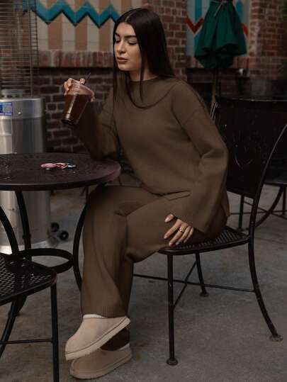 Andrea Bello 女士休闲纯色针织毛衣和裤子两件套，秋冬