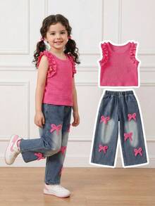 2pcs/Set Young Girls Light Pink Ruffle Collar Top & 3D Butterfly Floral Denim Pants Summer Outfit, School Back-To-School Casual Fashion Jeans Set - Watermelon Pink - View 1