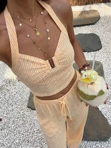 Aloruh 女士夏季休闲条纹吊带上衣和裤子两件套 - 黃色 - 查看 5