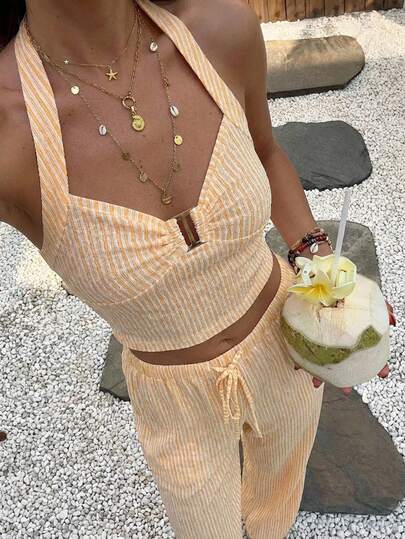Aloruh Women's Summer Casual Striped Halter Top And Pants 2 Pieces Set Summer Summer Dress  Summer Dresses For Women Summer Outfits   Summer Clothes   Summer Outfits For Women Summer Holiday Outfits Vacation Vacation Outfits Women Holiday Outfits For Women  Summer Holiday Outfits Vacation  Vacation Outfits For Women      Summer Vacation Outfits  Beach Vacation Outfits For Women   Yellow Striped Suit For Casual Vacation