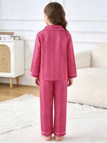Girls Champagne Striped Long Sleeve Cardigan And Pants 2 Pieces Pajama Set - Hot Pink - View 2