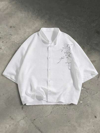 Manfinity Unisex Camisa de manga corta bordada con estilo chino para hombres, primavera/verano