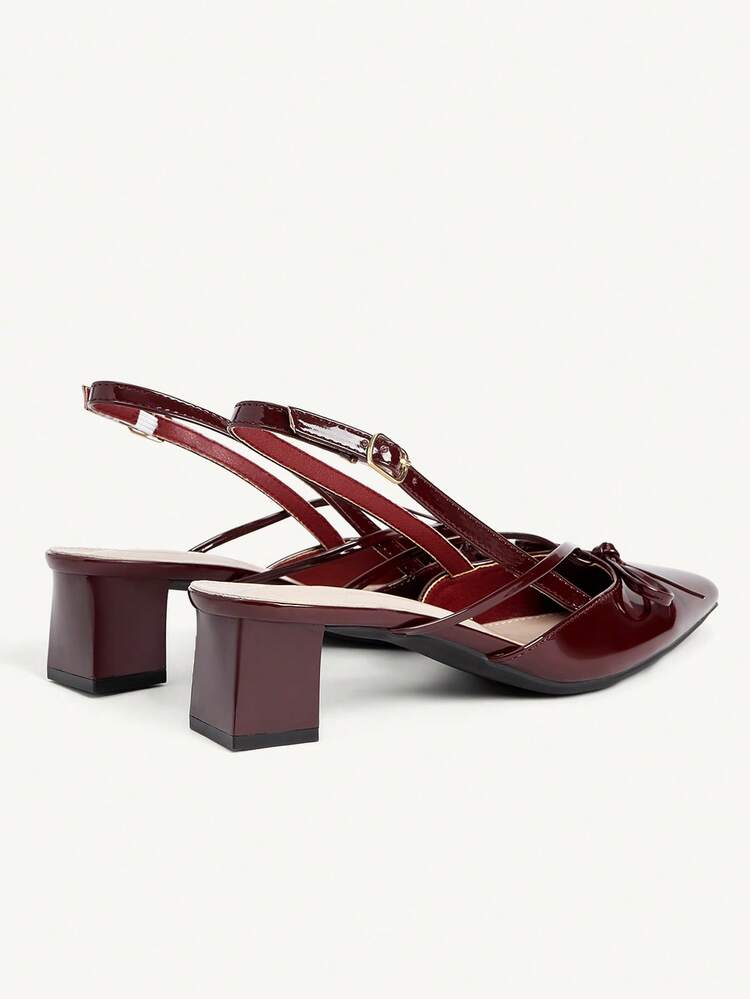 CUCCOO CHICEST Women's Pointed Toe Chunky Heel Mid-Heel Criss-Cross Bow Tie Burgundy & Red Patent PU Leather Peep Toe High Heels, Elegant For Work