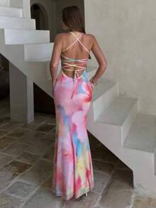 Aloruh Women's Tie-Dye Pattern Strapless Fishtail Hem Fitted Fashionable Dress - Multicolor - View 2