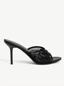 CUCCOO CHICEST Women Shoes Summer New Embroidery Beaded Round Toe Thin Heel High Heel Elegant Fashion Mesh Women's High Heel Sandals Dew Heel Slippers Elegant Fashion Wedding Valentine's Day Tea Elegant Wear Wedding Shoes Summer Shoes Bride Shoes - Black A - View 3