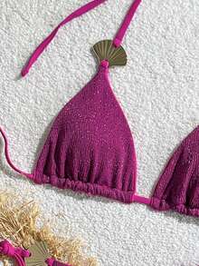 Costavie 泳装 MOD 两件套，金属扇贝装饰挂脖三角比基尼上衣和侧系带泳裤，性感女士夏季度假泳装 - 中紫紅色 - 查看 5