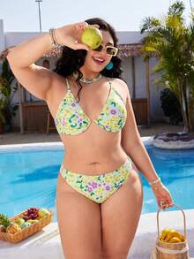 Swim Mod Plus Size Ditsy Floral 2 Pieces Bikini Set With Underwire, Beach Swimwear - Yellow - View 4