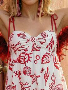 CAJUNI 度假休闲夏季热带趣味海洋元素贝壳印花细肩带系带短款连衣裙 - 紅白色 - 查看 4