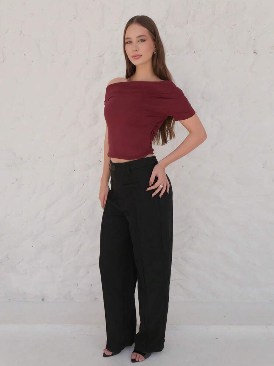 Duda Rubert Women's Solid Color Ruched Asymmetrical Shoulder Short Sleeve Cropped Fitted Vacation T-Shirt, Spring/Summer - Burgundy - View 1