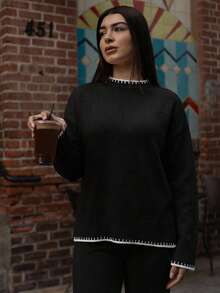 Andrea Bello 2 件套女士撞色立领毛衣和裤子套装，休闲 - 黑與白 - 查看 3