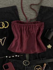 INAWLY Áo thun nữ cổ bẻ xếp ly màu trơn, thoải mái đi làm hàng ngày, viền xếp ly nhiều lớp, không tay, mùa hè - Đỏ - Xem 2