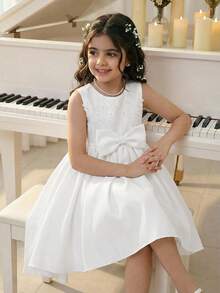 Glamorique Kids 女童高档缎面花卉蕾丝3D刺绣连衣裙，拖尾裙摆，儿童公主裙，花童礼服，适合婚礼、生日派对、舞台表演，饰有大蝴蝶结 - 米色 - 查看 4