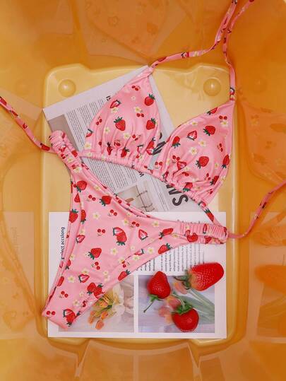 Swim Mod Women's 2 Pieces Swimwear, Fashionable Cute Fruit Print Triangle Top With Halter Strap, Paired With Regular Swim Bottoms, Adult Beach Outfit