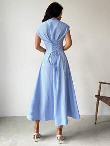 Firerie 女士蓝白条纹泡泡袖A字中长连衣裙，系带衬衫裙，休闲通勤翻领连衣裙，收腰条纹办公中长裙，适合春、夏、秋季，优雅百搭，通勤、约会、工作、返校、教师节、正式场合、商务通勤，简约连衣裙 - 藍白色 - 查看 3