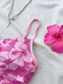 少女夏季休闲度假扭结印花吊带背心 - 粉色 - 查看 4