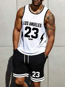 Manfinity Campus Court Men's Letter Print Round Neck Tank Top And Drawstring Waist Shorts Casual Suit - Multicolor - View 5