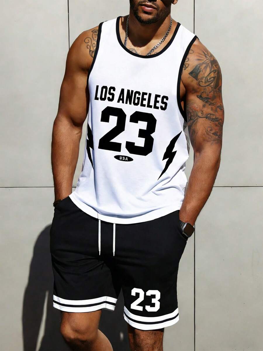 Manfinity Roughcore Bộ đồ nam gồm áo tank top cổ tròn in chữ và quần short cạp chun, kiểu dáng thường ngày, áo thun Los Angeles Jersey, bộ đồ hai mảnh phong cách hip hop, bộ đồ hai mảnh không tay, quần short thể thao, áo bóng rổ nam, phong cách cổ điển, thích hợp cho mặc hàng ngày, du lịch cuối tuần, hoạt động ngoài trời, thám hiểm, môi trường làm việc thoải mái hoặc các dịp bán trang trọng, quà tặng cho bạn trai/chồng, quà kỷ niệm/sinh nhật, tiệc tùng, kỳ nghỉ hè, trang phục đi biển, đám cưới kiểu Hawaii, mùa xuân đến hè. - Nhiều màu - Xem 1