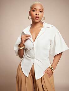 Vixey 纯色系带后领纽扣长袖上衣 - 白色 - 查看 5