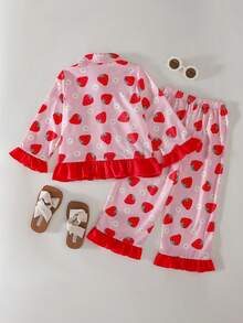 THE HAPPY LOOK Conjunto de 2 piezas de niña joven con cárdigan de cuello suave de punto con estampado de fresa y pantalones de cintura elástica - Rojo - Ver 7